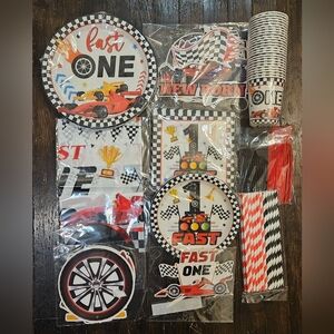 Fast 1 Race Car Birthday Party Supplies Set - Black, Red, White